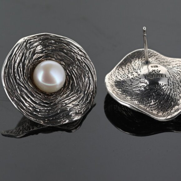 Designer Hagit Gorali Israel Sterling Silver 925 Pearl Abstract Circle Studs - Picture 3 of 4